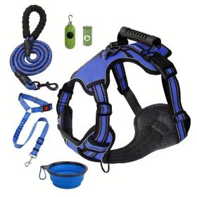 Tactical Service Dog Harness Strap Set, Car Seat Belt, Collapsible Bowl, Biodegradable Trash Bag Set For Dogs (Option: Blue-XS)