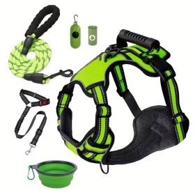 Tactical Service Dog Harness Strap Set, Car Seat Belt, Collapsible Bowl, Biodegradable Trash Bag Set For Dogs (Option: Green-L)