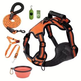 Tactical Service Dog Harness Strap Set, Car Seat Belt, Collapsible Bowl, Biodegradable Trash Bag Set For Dogs (Option: Orange-S)